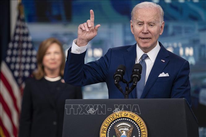 Trong ảnh: Tổng thống Mỹ Joe Biden phát biểu tại Nhà Trắng ở Washington, DC, ngày 4/3/2022. Ảnh: AFP/TTXVN