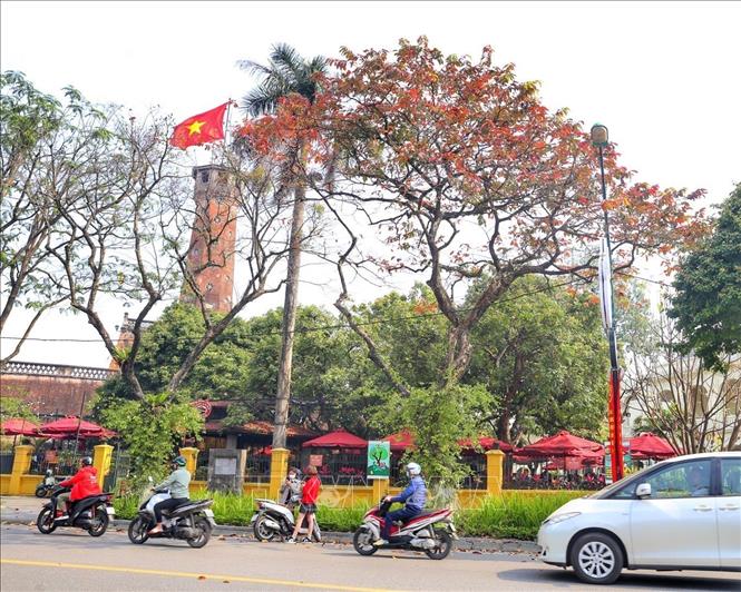 Photo: Red leaves near the Flag Tower of Hanoi. VNA Photo: Tuấn Đức