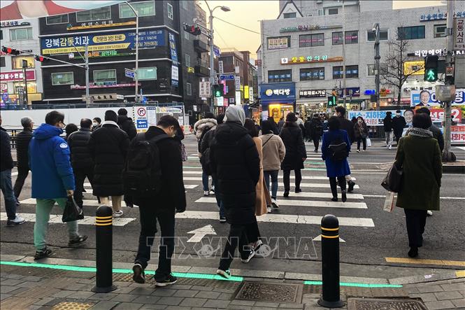 Hệ thống đèn giao thông Led mặt đất dành cho người đi bộ ở quận Dobong, Seoul. Ảnh: Anh Nguyên, PV TTXVN tại Hàn Quốc.