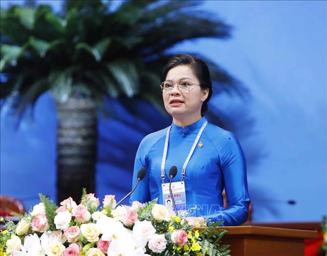 President of the Vietnam Women’s Union for the 2022-2027 term Ha Thi Nga delivers the congress’s closing speech. VNA Photo