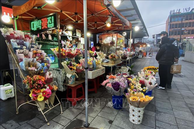 Một cửa hàng hoa tươi ở quận Jongno, Trung tâm Seoul. Ảnh: Anh Nguyên, PV TTXVN tại Hàn Quốc. 