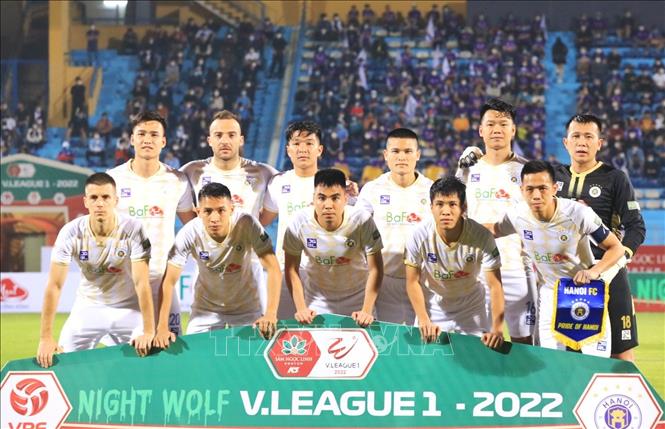 Trong ảnh: Đội hình thi đấu Hà Nội FC. Ảnh: Tuấn Anh - TTXVN