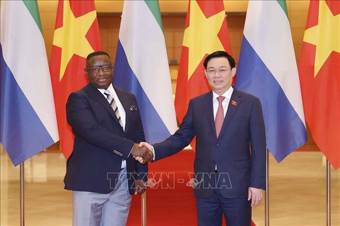 Photo: NA Chairman Vuong Dinh Hue meets President of Sierra Leone Julius Maada Bio in Hanoi on March 16. VNA Photo: Doãn Tấn