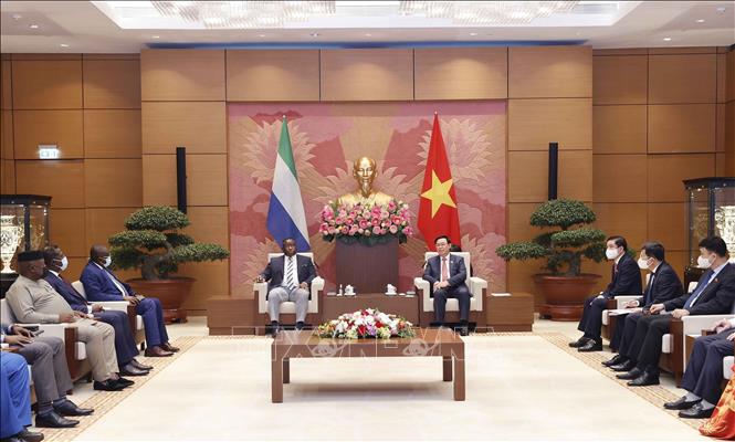 Photo: NA Chairman Vuong Dinh Hue meets President of Sierra Leone Julius Maada Bio in Hanoi on March 16. VNA Photo: Doãn Tấn