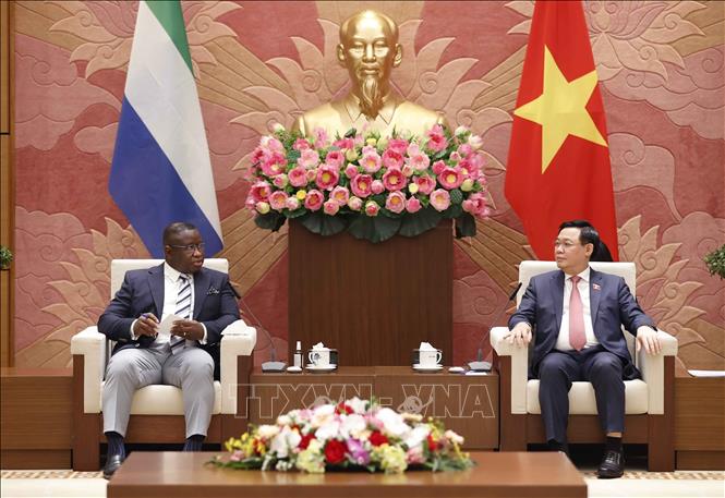 Photo: NA Chairman Vuong Dinh Hue meets President of Sierra Leone Julius Maada Bio in Hanoi on March 16. VNA Photo: Doãn Tấn