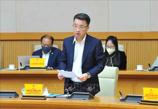 Trong ảnh: Bí thư Trung ương Đoàn Nguyễn Tường Lâm báo cáo kết quả công tác năm 2021 và phương hướng nhiệm vụ năm 2022. Ảnh: Ảnh: Minh Đức – TTXVN