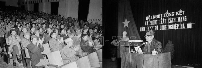 Đồng chí Lê Văn Lương, Ủy viên Bộ Chính trị, Bí thư Thành ủy Hà Nội phát biểu tại Hội nghị Sở Công nghiệp Hà Nội, chiều 4/1/1978. Ảnh: Trịnh Liêm – TTXVN
