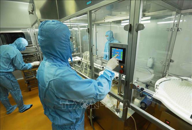 Dây chuyền phân liều, đóng lọ vaccine của HANVET  tại nhà máy ở khu công nghiệp Phố Nối A, huyện Mỹ Hào, tỉnh Hưng Yên. Ảnh: Vũ Sinh - TTXVN