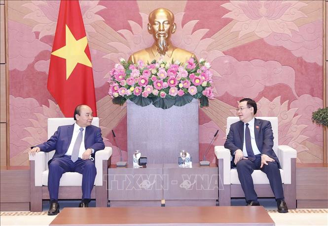 Chủ tịch Quốc hội Vương Đình Huệ và Chủ tịch nước Nguyễn Xuân Phúc dự Hội nghị. Ảnh: Doãn Tấn - TTXVN