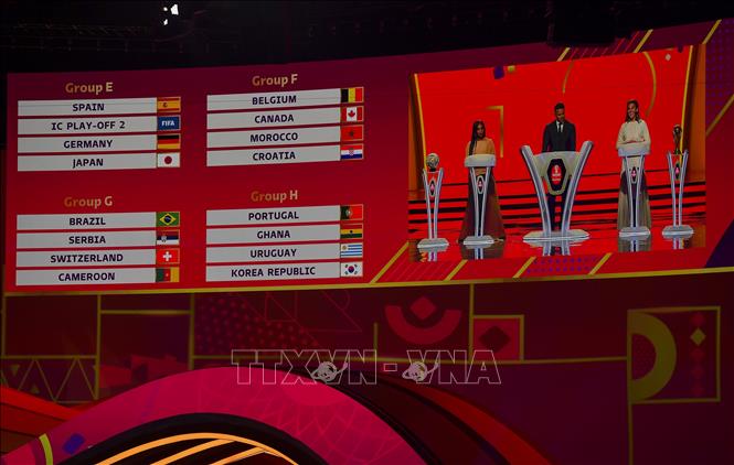 Trong ảnh: Kết quả lễ bốc thăm chia bảng Vòng chung kết World Cup 2022 tại thủ đô Doha, Qatar, ngày 1/4/2022. Ảnh: THX/TTXVN