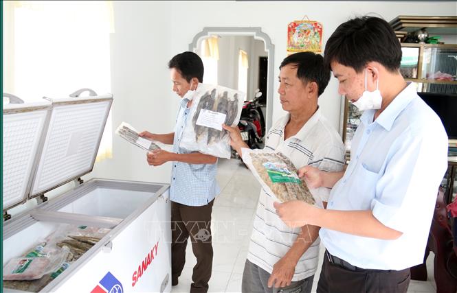 Trong ảnh: Chả cá và cá thát lát muối sả của Cơ sở Trung Kiên được đóng túi hút chân không, có thể bảo quản đến 6 tháng. Ảnh: Lê Sen – TTXVN