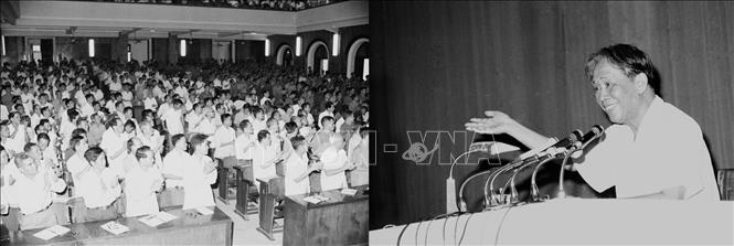 Tổng Bí thư Lê Duẩn thăm và nói chuyện với cán bộ lớp nghiên cứu Nghị quyết Đại hội Đảng lần thứ IV (1977). Ảnh: Văn Báo - TTXVN