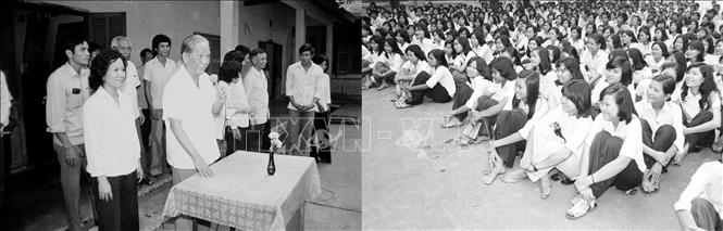 Tổng Bí thư Lê Duẩn nói chuyện với giáo viên và học sinh trường PTTH Mạc Đĩnh Chi, TP Hồ Chí Minh (1985). Ảnh: TTXVN