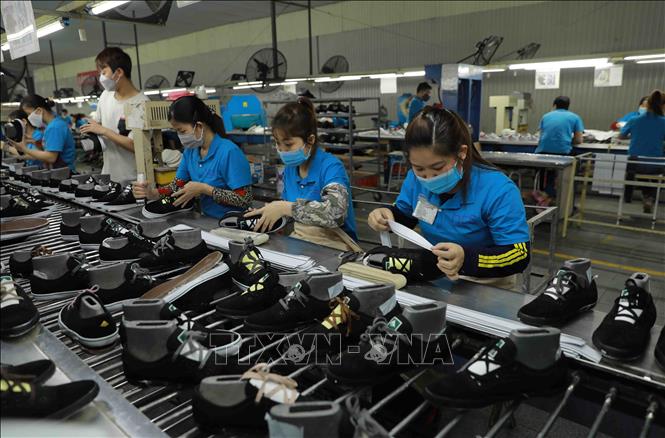 Trong ảnh: Dây chuyền sản xuất giầy xuất khẩu tại nhà máy của Công ty. Ảnh: Vũ Sinh - TTXVN