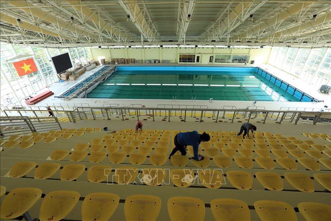 Trong ảnh: Cung thể thao dưới nước (Hà Nội) với sức chứa 2.800 chỗ ngồi là nơi sẽ diễn ra các nội dung thi đấu của bộ môn nhảy cầu và bơi lội tại SEA Games 31. Ảnh: Tuấn Anh - TTXVN 