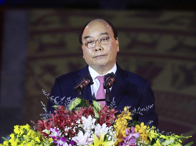 Chủ tịch nước Nguyễn Xuân Phúc phát biểu tại lễ khánh thành Đền thờ Vua Hùng tại Cần Thơ. Ảnh: Thống Nhất – TTXVN