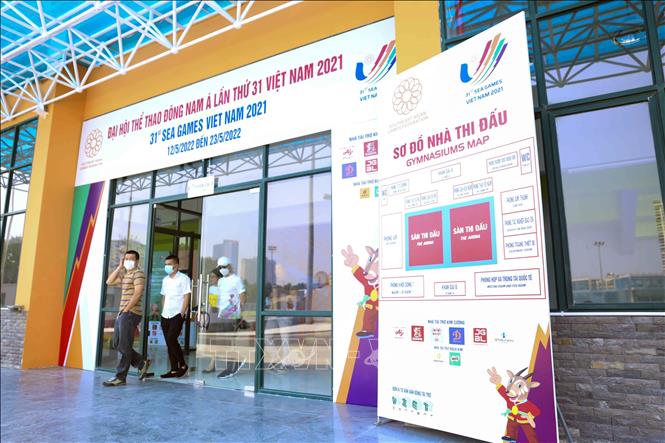 Pano cùng sơ đồ Nhà thi đấu quận Tây Hồ phục vụ SEA Games 31. Ảnh: Tuấn Đức - TTXVN