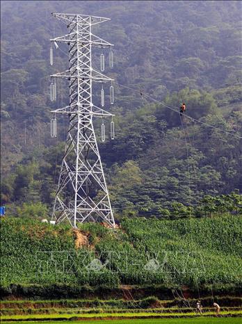 Công nhân đang tiến hành kéo dây trên tuyến đường dây 220kV Bảo Thắng - Lào Cai. Ảnh: Huy Hùng – TTXVN
