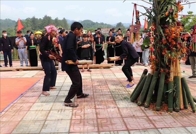 Trong ảnh: Trò diễn trâu cày ruộng được thực hiện bởi những người đàn ông khỏe mạnh. Họ sử dụng thân cây chuối, giả làm trâu thực hiện động tác cày bừa. Ảnh: Đinh Thùy-TTXVN
