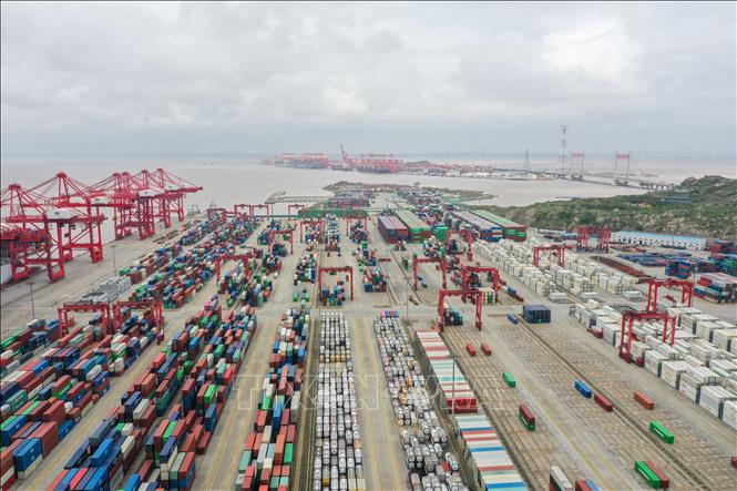 Trong ảnh: Hàng hóa tại cảng Dương Sơn, Thượng Hải, Trung Quốc ngày 15/4/2022. Ảnh: THX/TTXVN