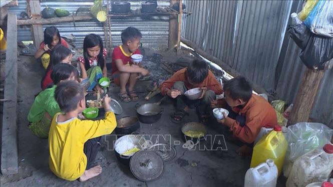 Trong ảnh: Căn chòi là nơi ăn, ngủ, nghỉ của 10 học sinh lớp 1 có nhà ở xa được bố mẹ dựng tạm để làm nơi cho các em trọ học. Ảnh: TTXVN phát