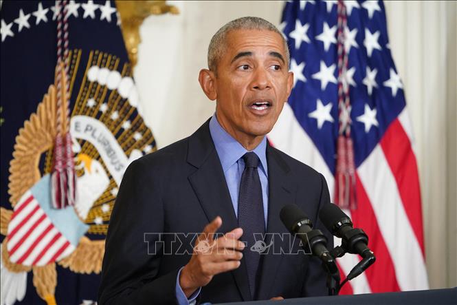 Trong ảnh: Cựu Tổng thống Mỹ Barack Obama phát biểu tại Washington, DC ngày 5/4/2022. Ảnh: AFP/TTXVN