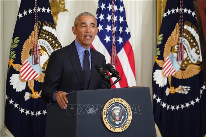 Trong ảnh: Cựu Tổng thống Mỹ Barack Obama phát biểu tại Washington, DC ngày 5/4/2022. Ảnh: AFP/TTXVN