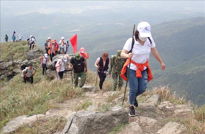 Trong ảnh: Đoàn leo núi du lịch do Trung tâm Thông tin Xúc tiến Du lịch Lạng Sơn tổ chức trên hành trình lên đỉnh Phja Pò qua đoạn “sống lưng Khủng Long”. Ảnh: Anh Tuấn – TTXVN