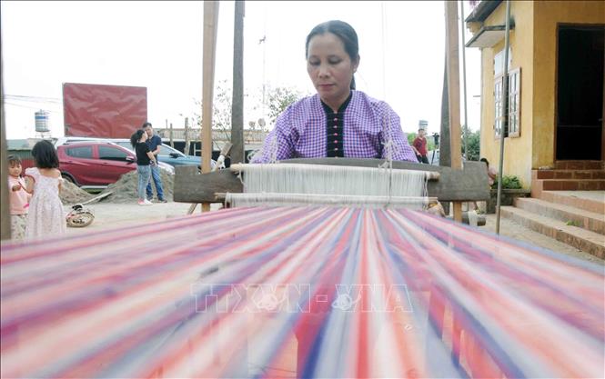 Trong ảnh: Phụ nữ dân tộc Thái ở bản Phiêng Tiến xã Phiêng Luông, huyện Mộc Châu (Sơn La) vẫn duy trì dệt, thêu may trang phục cho bản thân và gia đình. Ảnh: Quang Quyết-TTXVN