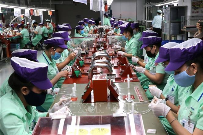 Công nhân Công ty TNHH Điện tử Foster Đà Nẵng đều đeo khẩu trang kháng khuẩn, mũ và găng tay bảo hộ trong khi làm việc đảm bảo phòng, chống dịch COVID-19. Ảnh: Quốc Dũng - TTXVN