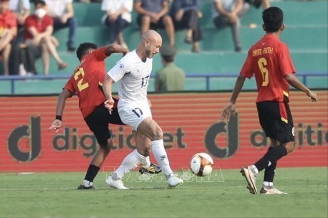 Kết thúc hiệp 1, U23 Philippines tạm dẫn trước U23 Timor Leste với tỷ số 1-0. Ảnh: Minh Quyết - TTXVN