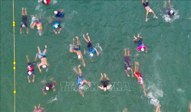 Trong ảnh: Các vận động viên tranh tài phần thi bơi 1,9 km trên biển. Ảnh: Trần Lê Lâm - TTXVN 