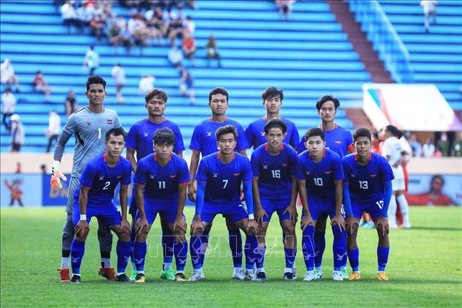 Đội hình xuất phát của đội tuyển U23 Campuchia. Ảnh: Tuấn Anh - TTXVN