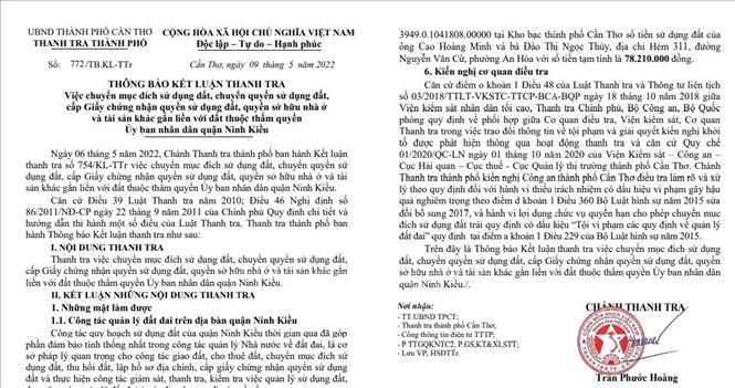 Trong ảnh: Thông báo kết luận thanh tra của Thanh tra thành phố Cần Thơ. Ảnh: Thanh Liêm - TTXVN