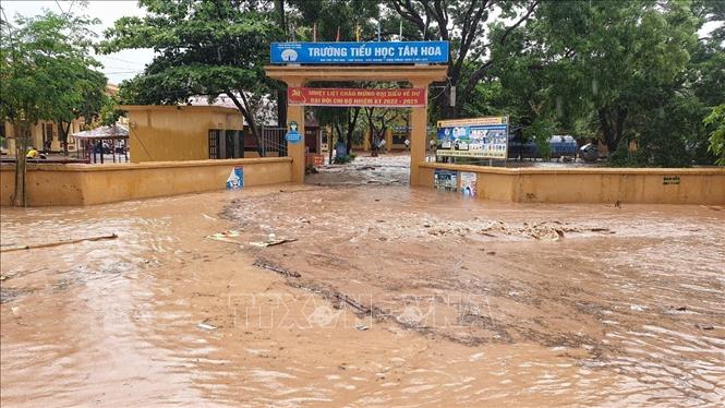 Trong ảnh: Trường Tiểu học Tân Hoa tại xã Tân Hoa bị ngập nặng. Ảnh: Danh Lam-TTXVN