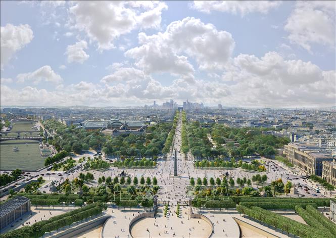 Trong ảnh: Đại lộ Champs-Elysees và Quảng trường Concorde (phía dưới) tại thủ đô Paris, Pháp, ngày 12/1/2021. Ảnh: AFP/ TTXVN