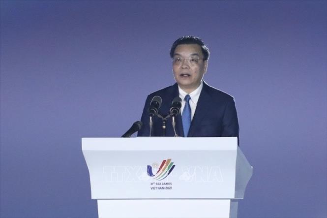 Chairman of the Hanoi People’s Committee Chu Ngoc Anh delivers a welcome speech at the SEA Games 31 opening ceremony. VNA Photo