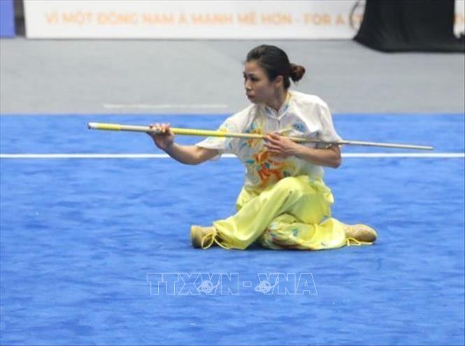 VĐV Hoàng Thị Phương Giang (Việt Nam) biểu diễn bài Thương thuật nữ, đạt 9,71 điểm. Ảnh: Phạm Hậu - TTXVN