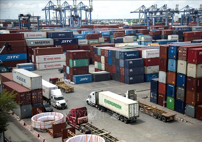 Trong ảnh: Bãi chứa Container hàng hóa tại Tân Cảng Cát Lái. Ảnh: Hồng Đạt - TTXVN
