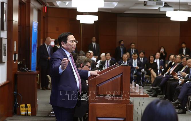 Thủ tướng Phạm Minh Chính phát biểu tại Đại học Harvard. Ảnh: Dương Giang-TTXVN
