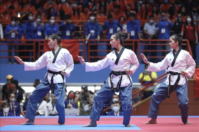 Athletes Nguyen Thi Kim Ha, Ngo Thi Thuy Dung and Nguyen Thi Hong Trang won against Thai, Malaysian and Lao opponents to grab the gold medal in Taekwondo’s standard poomsae event, women’s team category. VNA Photo 