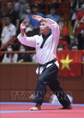 Athlete Pham Quoc Viet won the fourth gold medal for Vietnam on May 16 in Taekwondo men’s individual category with a score of 8.049. VNA Photo 