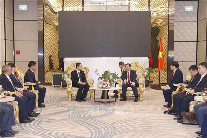 NA Chairman Dinh Hue (R) and Lao President of the State Audit Organization Malaythong Kommasith (L). VNA Photo: Doãn Tấn