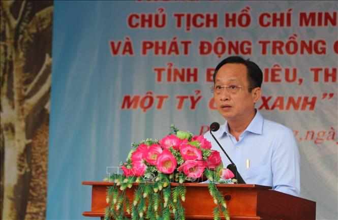 Trong ảnh: Chủ tịch UBND tỉnh Bạc Liêu Phạm Văn Thiều phát biểu tại lễ phát động trồng cây xanh nhân kỷ niệm 132 năm  ngày sinh Chủ tịch Hồ Chí Minh (19/5/1890-19/5/2022). Ảnh: Tuấn Kiệt – TTXVN.
