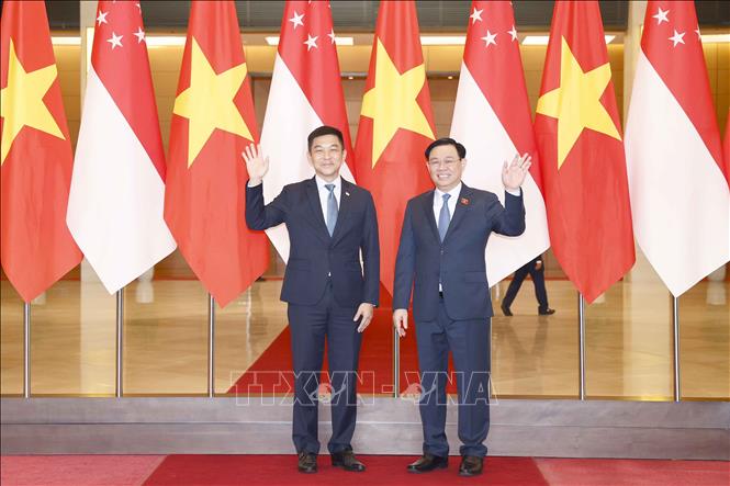 Chủ tịch Quốc hội Vương Đình Huệ và Chủ tịch Quốc hội Singapore Tan Chuan-Jin chụp ảnh chung. Ảnh: Doãn Tấn - TTXVN
