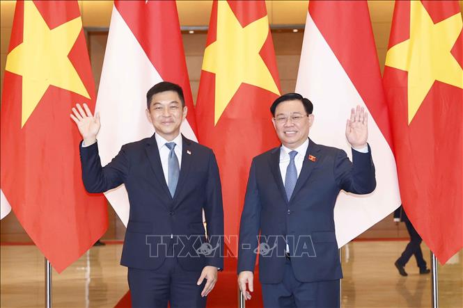Chủ tịch Quốc hội Vương Đình Huệ và Chủ tịch Quốc hội Singapore Tan Chuan-Jin chụp ảnh chung. Ảnh: Doãn Tấn - TTXVN
