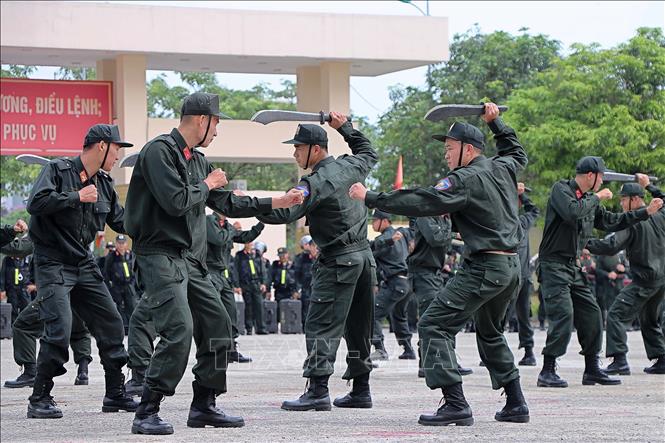 Trong ảnh: Tiểu đoàn Cảnh sát cơ động dự bị chiến đấu biểu diễn môn võ thuật. Ảnh: Thanh Hải - TTXVN  