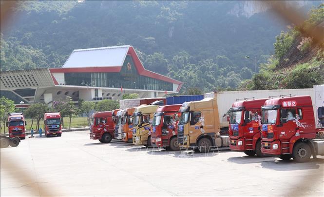 Trong ảnh: Tất cả phương tiện chở hàng hóa xuất nhập khẩu tại CKQT Hữu Nghị được khai báo trực tuyến. Ảnh: Quang Duy - TTXVN