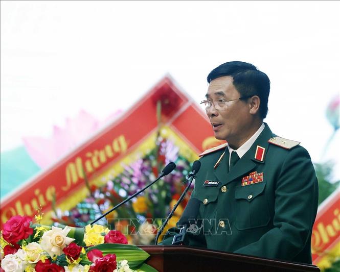 Thiếu tướng Nguyễn Quốc Dũng, Tư lệnh Binh đoàn 11 đọc diễn văn tại buổi lễ. Ảnh: Thống Nhất – TTXVN
