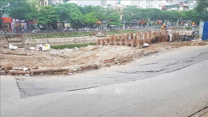 Khu vực sự cố thuộc dự án cống gom xử lý nước thải của nhà máy nước thải Yên Xá do Công ty Tekken thi công. Ảnh: Tuấn Anh - TTXVN